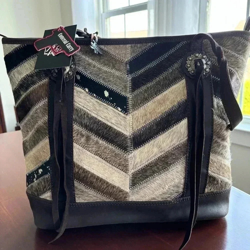 Chevron Haircalf Shoulder Tote in Brown and Black